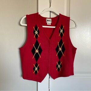 Leslie Fay Petite Vintage Argyle Embroidered Eclectic Grandpa Y2K Cozy Knit Vest
